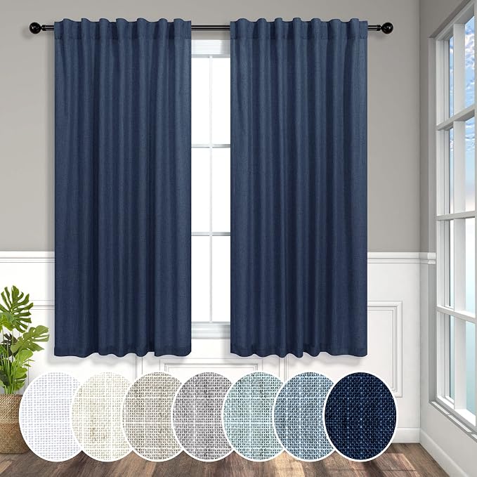 Pitalk Navy Curtains 54 Inch Length for Boys Nursery Room 2 Panels Back Tab Loop Pocket Indigo Blue Linen Farmhouse Nautical Short Light Filtering Curtains for Bedroom Bathroom Boho Decor 52x54 Long