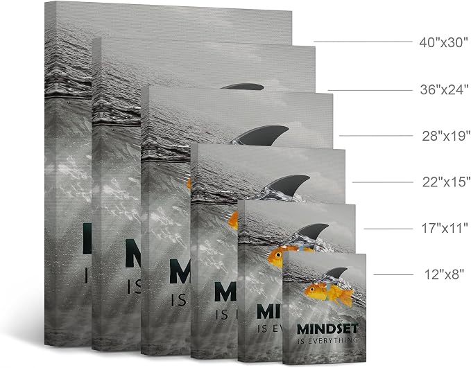 Smile Art Design Black and White Mindset is Everyting Orange Fish vs Shark Motivational Wall Art Canvas Print Inspirational Entrepreneur Quote Office Living Room Decor Gift Ready to Hang 12x8