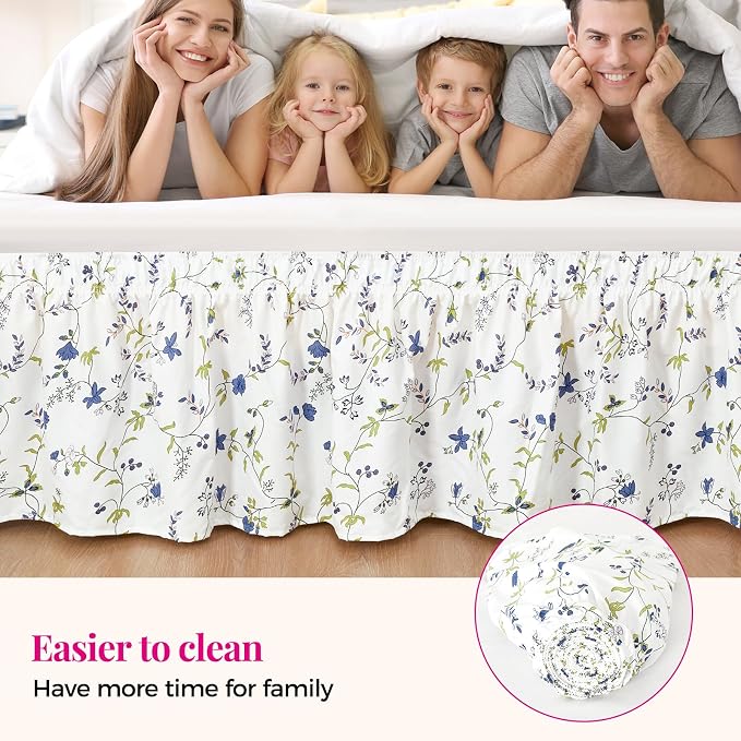 Sweet Blueberry Bed Skirt Queen 15" Drop, Elastic Wrap Around Bedskirt | Solid Ruffled, Easy to Use, No Mattress Lifting, Wrinkle & Fade Resistant, with Adhesive Strips, Machine Wash/Dry/Iron