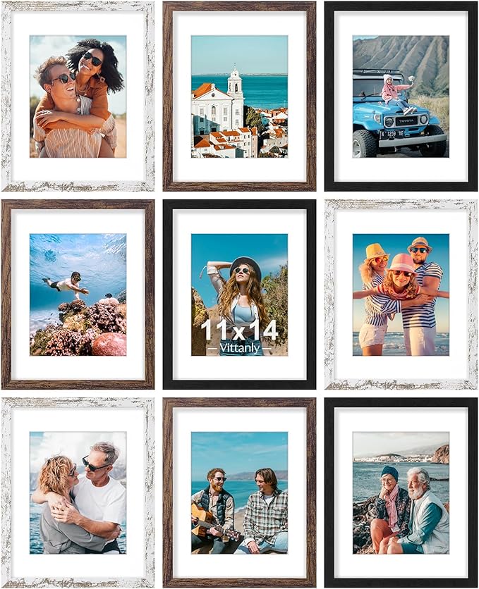 Vittanly 11x14 Picture Frames Set of 9, Black&Brown&Distressed White | Display Pictures 8x10 with Mat or 11x14 without Mat, Engineered Wood with Shatter Resistant Plexiglass, Gallery Photo Frames