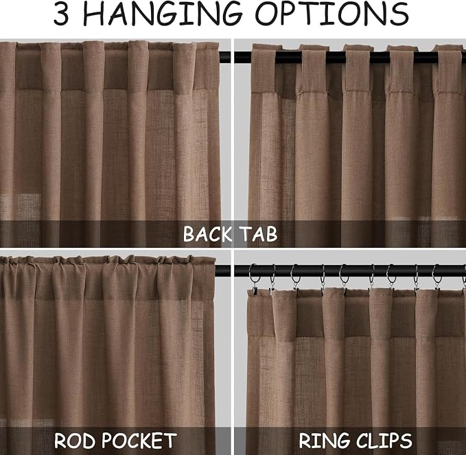 Caramel Brown Linen Curtains for Living Room 95 Inches Long Back Tab and Rod Pocket Light Filtering Semi Sheer Vintage Rustic Curtain Luxury Boho Decor Drapes for Bedroom Office 52x95, 2 Panels