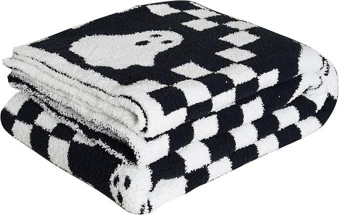 Ultra Soft Cozy Checkered Ghost Halloween Knitted Baby Blanket Fluffy Microfiber Checkerboard Bed Blanket Lightweight Both Sides t for Couch Sofa Bed 30"X40"Black