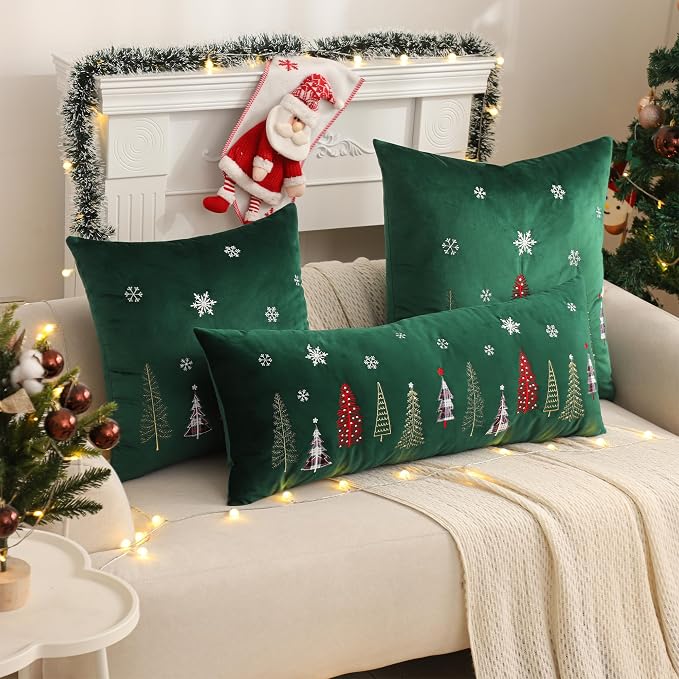 Christmas Embroidery Throw Pillow Covers 14 x 36 inch Christmas Dec Velvet Pillowcases Forest Green Xmas Tree Cushion Pillow Cases Soft Lumbar Holiday Pillowcase(1 Piece)