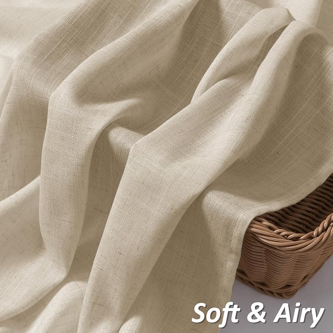 Eggshell Beige Linen Curtains 102 Inches Long Rod Pocket Semi Sheer Dining Room Cozy Bedroom Decor Cotton Look Country Rustic Farmhouse Boho Curtains 2 Panel Set,52x102