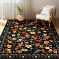 Washable Floral Area Rug for Living Room 3x5 Black | Non-Slip，Vacuum-Friendly, Low Pile, Flower Carpet for Bedroom Kitchen Entryway Dining Room Office Nursery