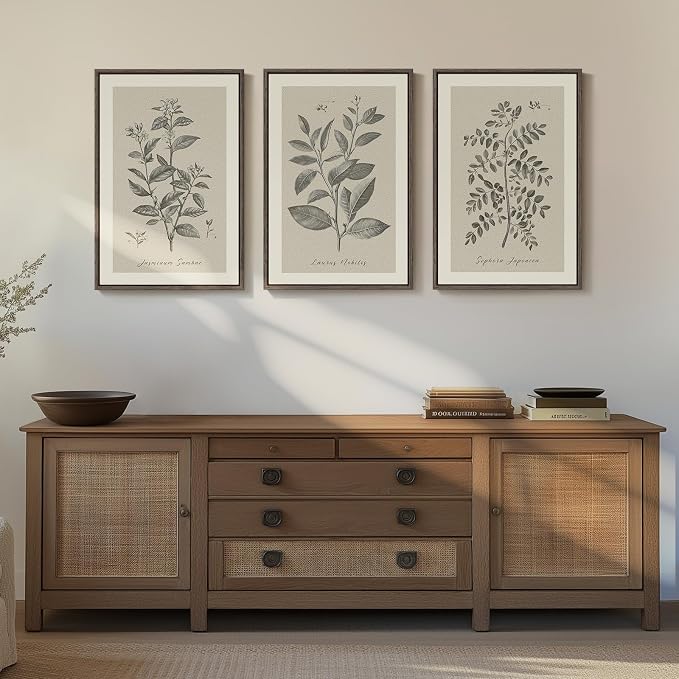 Framed 3 Piece Neutral Vintage Botanical Wall Art for Dining Room, 16x24 In | Wood Frame, Canvas prints, Rustic plants pictures, Modern farmhouse wall decor, Living room bedroom kitchen artwork