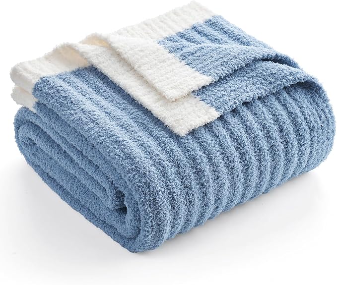 Snuggle Sac Ribbed Blue Throw Blanket for Couch, Microfiber Knit Stripe Throws, Soft Fuzzy Blankets for Couch, Sofa, Travel, Blue, 50x60 inches