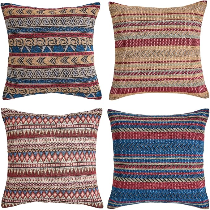 Couch Colorful Stripe Boho Throw Pillow Cover 18X18 Inch Set of 4 Farmhouse Decorative Vintage Pillow Cases Textured Cushion Pillows Covers for Sofa Living Room Bedroom Outdoor Patio Porch