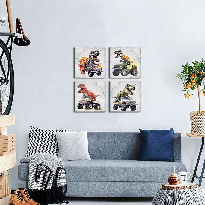4 Pieces Dinosaur Wall Art Kids Boys Bedroom Wall Decor Dino Monster Truck Pictures for Playroom Colorful Dinosaur Paintings Cute Animals Posters Artwork Bathroom Home Decorations Toddler Gifts 16x16”