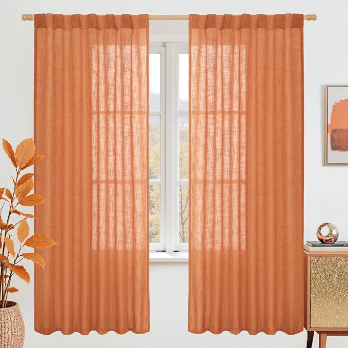 Burnt Orange Linen Textured Curtains for Living Room 72 Inch Length | Light Filtering, Semi Sheer Drapes, Rod Pocket Back Tab, Curtains for Bedroom, Window, Farmhouse, 52 x 72 Inch, 2 Panels