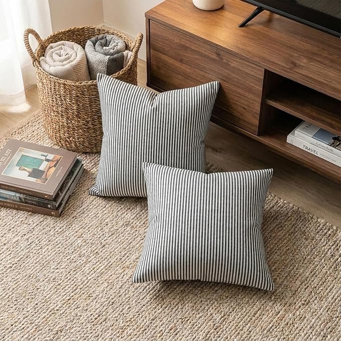 CARRIE HOME Black White Farmhouse Striped Pillow Covers 18x18 Set of 2 Black and White Farmhouse Decor Pillows for Sofa Bedroom and Chair