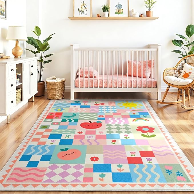 Washable Pink Area Rugs for Bedroom Girls, 3x5 Soft Checkered Playroom Carpet with Cute Sun & Rainbow Fruit Design, Non-Slip Decorative Floor Mat
