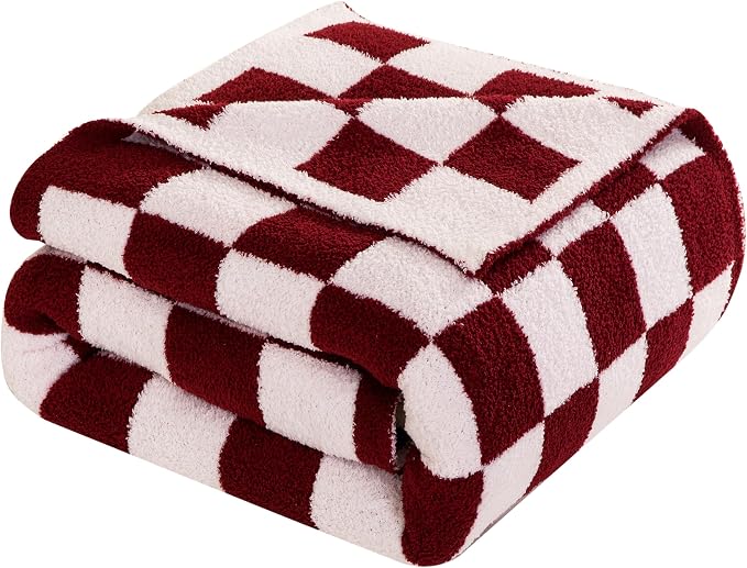 Elegant Comfort Premium Checkered Reversible Throw Blanket - Ultra Soft and Lightweight, Luxury Knitted Breathable Fleece for Couch, Bed, Sofa - Warm Velvet Fluffy Throw, 50 x 70 Inch, Burgundy