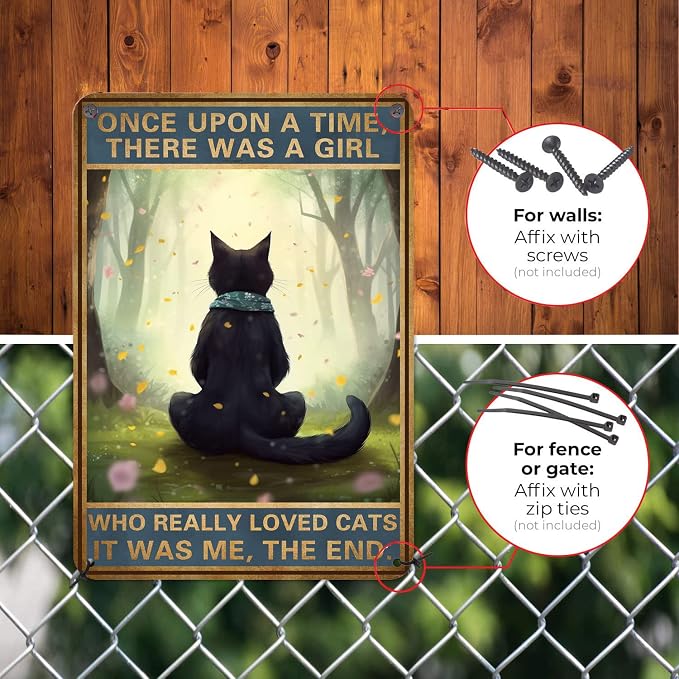 HYBLOM Black Cat Decor - Once Upon a Time Sign - Vintage Cat Decor for Home, Bedroom, Kitchen, Office, Cafe, Bar, Cat Lover Gifts, Metal Tin Sign 12x8 Inches