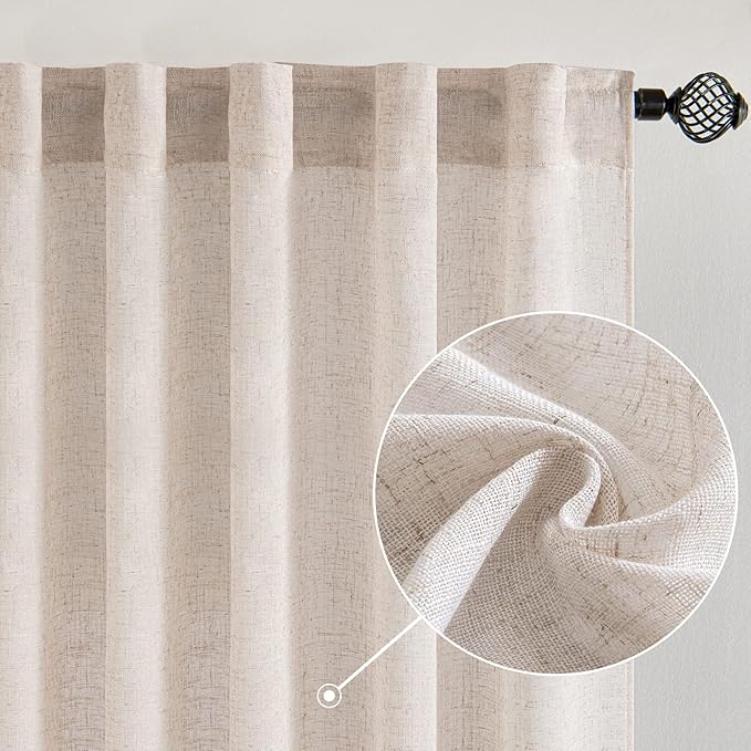 MIULEE Natural White Linen Curtains 52x63 Inch Length 2 Panels for Bedroom | Window Drapes for Kitchen Living Room, Soft Thick Linen Textured, Semi Sheer Light Filtering, Back Tab Rod Pocket,Burlap Look