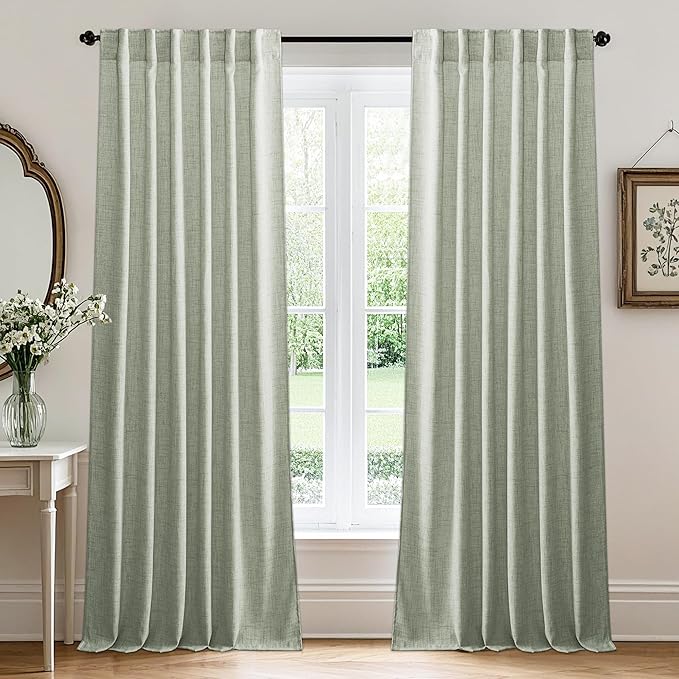 RYB HOME Sheer Curtains 102 inches, Extra Long Floor to Ceiling Curtains | Half Privacy, Light Filtering, Semi Sheer, Faux Linen Fabric, Living Room Bedroom, Back Tab, W52 x L102, 2 Panels, Sage