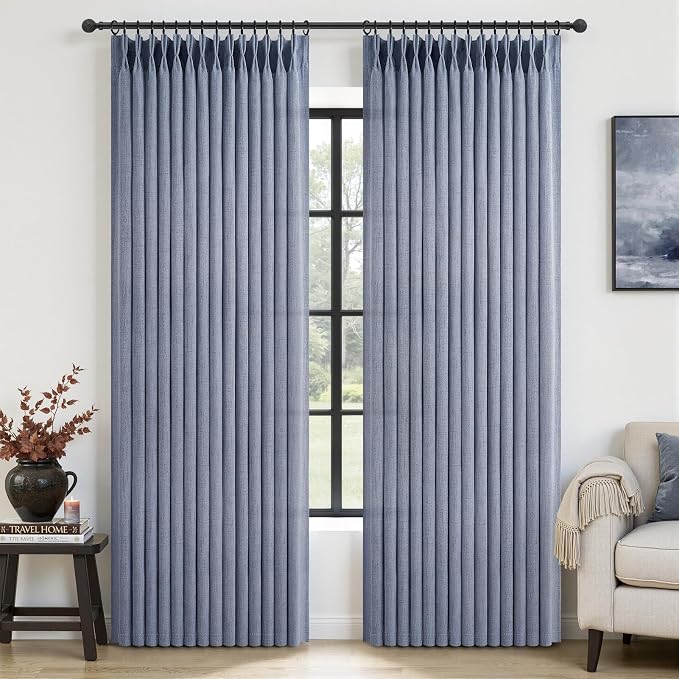 Sheer Linen Pinch Pleated Light Filtering Greyish Blue 90 Inch Curtains