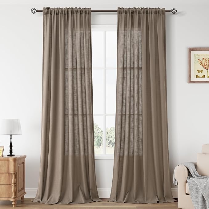 Taupe Grey Linen Curtains 102 Inch Semi Sheer Rod Pocket 52x102