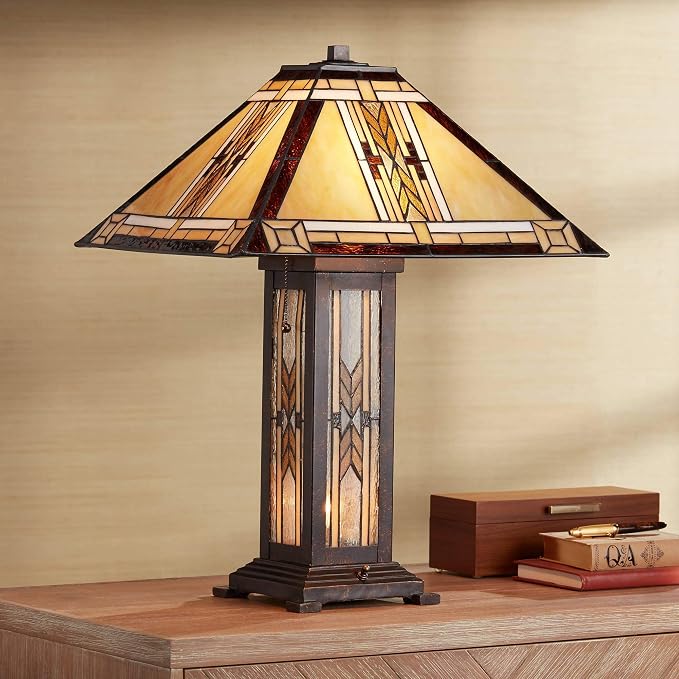 Franklin Iron Works Drake Mission Collection 25 1/2" High Tiffany-Style Farmhouse Rustic Southwestern Table Lamp Night Light Pull Chain Yellow Brown Art Glass Single Living Room Bedroom Bedside