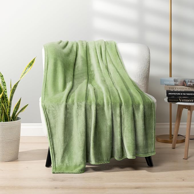 PAVILIA Sage Green Fleece Throw Blanket for Couch Twin Size, Light Olive Super Soft Fuzzy Flannel Throw for Sofa, Luxury Plush Microfiber Blanket Twin Bed, Home Decorative Velvet Gift Blanket, 60x80