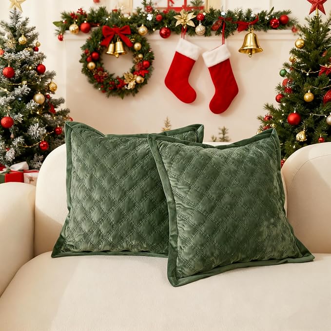 Pillow Cover 24x24 1 Piece Velvet Large Euro Sham with Hidden Zipper Wrinkle Resistant Soft Cross Process Decorative Farmhouse Quilted Cushion Covers for Couch Bed,Green