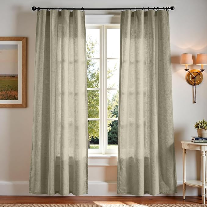 jinchan Linen Curtains Light Filtering Back Tab 50x84 Inch 2 Panels Green | Semi Sheer Curtains 84 inch length for Bedroom Living Room, Modern Farmhouse Drapes with Rod Pocket, Natural Boho Curtains