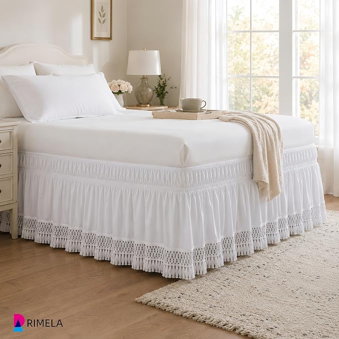 Tassel Trim Bed Skirt Queen 15" Drop, Elastic Wrap Around Bedskirt | Solid Ruffled, Easy to Use, No Mattress Lifting, Wrinkle & Fade Resistant, with Adhesive Strips, Machine Wash/Dry/Iron