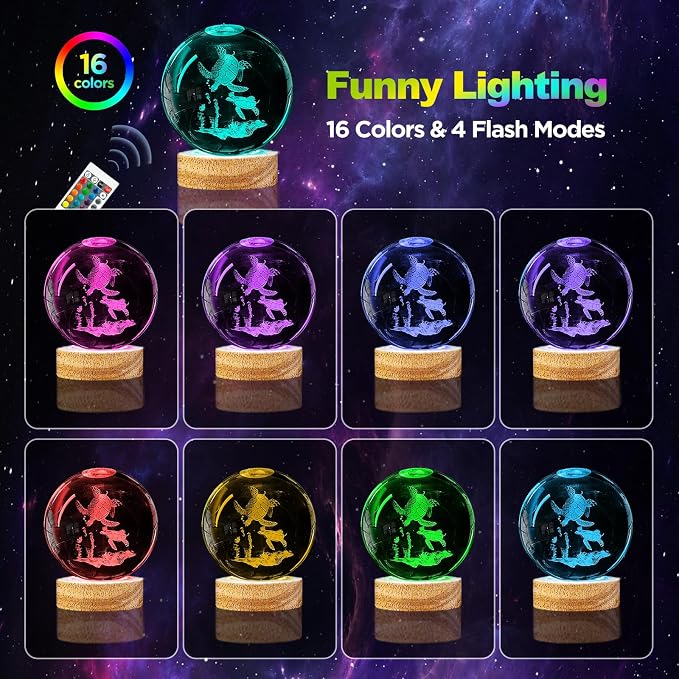 3D Crystal Ball Night Light - 3.15 inch Glass Ball with 16 Color Changing Wooden Base and Remote Control - Turtle Figurines Gift for Friends, Kids, Christmas, Birthday, Decor