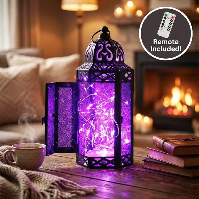 Vela Lanterns Purple Decor Candle Lantern Holder with LED Fairy Lights, M | Halloween Spooky Witch & Vampire Decor, Gothic Whimsigoth Home, Fantasy Flameless Moroccan Metal Hanging Lamp, 10.5" Tall