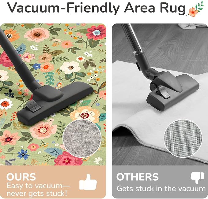 Washable Floral Area Rug for Living Room 2x3 Light Green | Non-Slip，Vacuum-Friendly, Low Pile, Flower Carpet for Bedroom Kitchen Entryway Dining Room Office Nursery