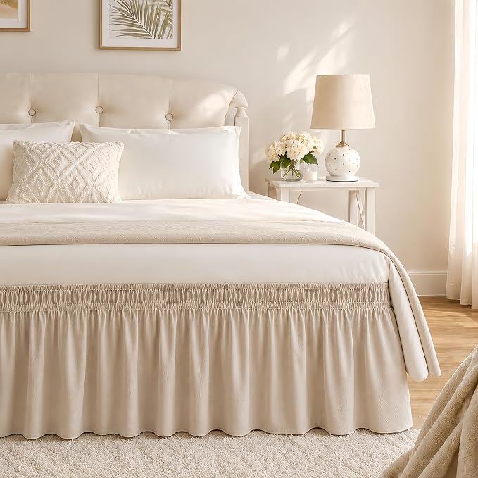 Light Camel Bed Skirt Queen Size 18" Drop, Elastic Wrap Around Bedskirt | Solid Ruffled, Easy to Use, No Mattress Lifting, Wrinkle & Fade Resistant, with Adhesive Strips, Machine Wash/Dry/Iron