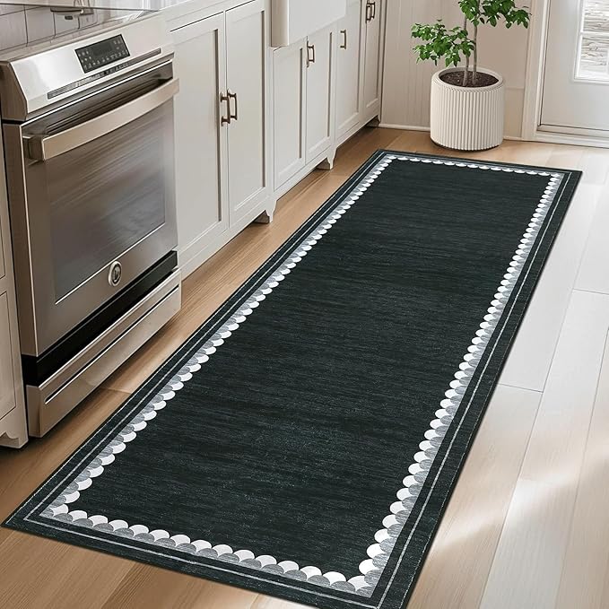 COZYLOOM Kitchen Runner Rug 2x6 Washable Rugs for Bedroom Modern Bordered Non Slip Low Pile Area Rug Stain Resistant Non Shedding Neutral Carpet Foldable Thin Mats for Entryway, Hallway, Black