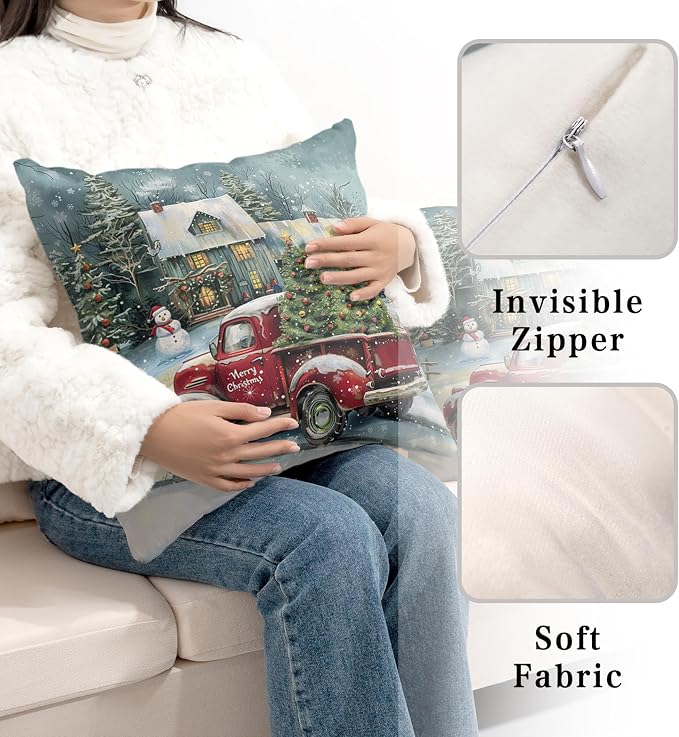 Merry Christmas Pillow Case Red Truck Christmas Pillow Covers 24x24 Set of 2 Xmas Tree Cabin Snowman Cushion Case for Winter Holiday Decorations Couch Bedroom