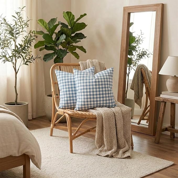 Farmhouse Light Dusty Blue Gingham Throw Pillow Covers 20x20 Set of 2 | 20 x 20 Blue Outdoor Throw Pillows, Outdoor Pillows for Patio Furniture Front Porch, Blue and White Outside Decorative Pillow