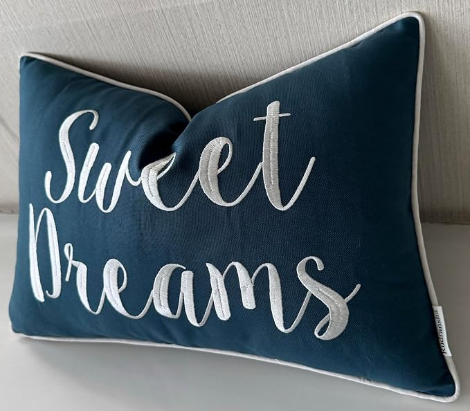 Rudransha Sweet Dreams Teal Lumbar Pillow Cover 12x18 – Embroidered Script Quote Cotton Cushion Case – Good Night Sleep Bedroom Nursery Decor for Bed Crib Guest Room