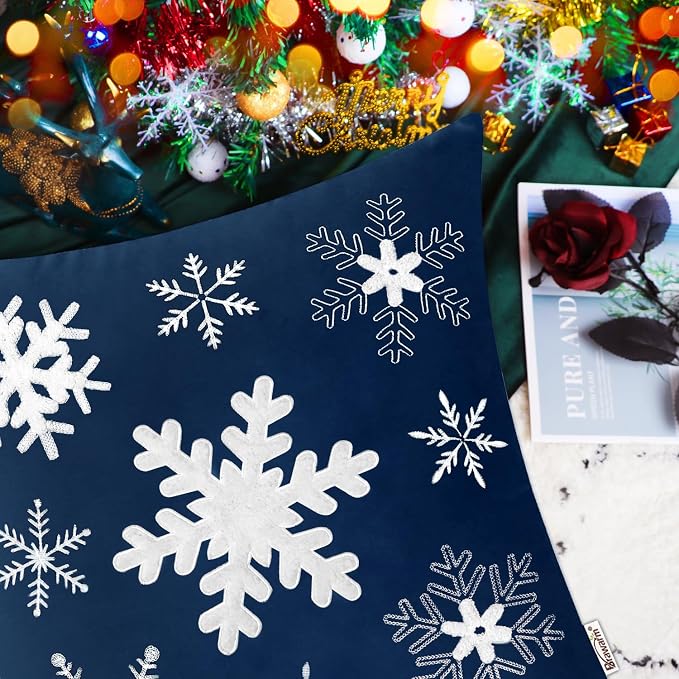 BRAWARM Christmas Pillow Cover 20 X 20 Inches, Navy Blue Snowflake Embroidered Pillow Cover, Soft Velvet Decorative Throw Pillow for Couch Bed Sofa Living Room Home