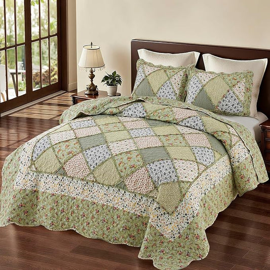King Size Quilt Set Green Floral Patchwork Quilted Bedspreads Coverlet Set | VIVILINEN 3-Piece Floral Reversible Stitched Quilt Bedding Set Lightweight Comforter Bed Cover Blanket with 2 Pillow Shams