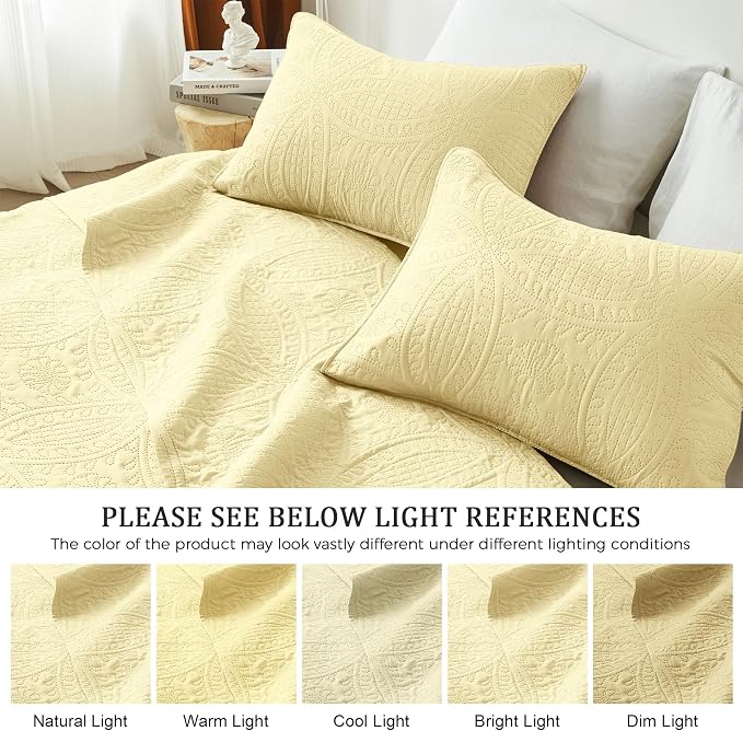 akkialla 118"x106" Butter Yellow California King Quilt Set, Oversized Floor-Length Bedspread, Modern Coin Pattern Microfiber Coverlet, 3-Piece All Season Bedding with 2 Pillow Shams