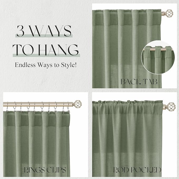 Jowels Light Sage Green Linen Curtains 96 Inch 2 Panels for Living Room | Light Filtering Semi Sheer Curtain, Back Tab Pocket Pleated Look, Boho Farmhouse Textured Privacy Drapes for Bedroom Window