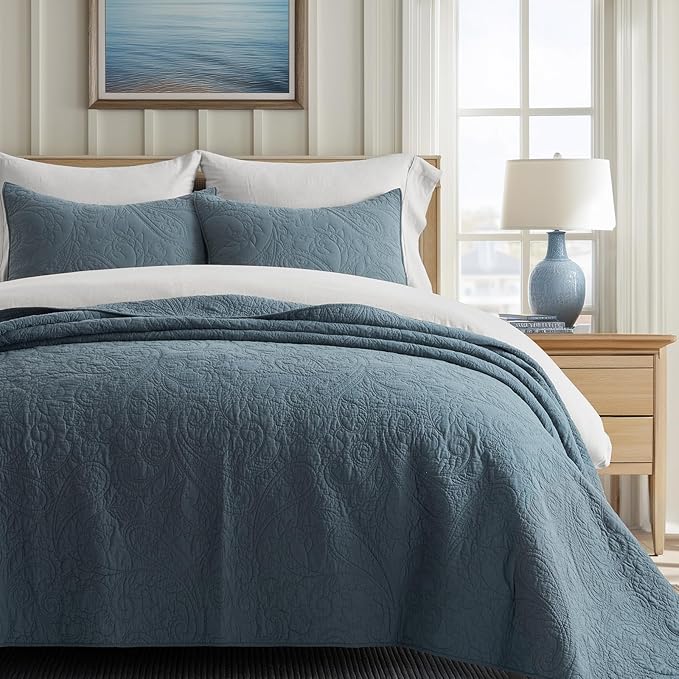 EVERGRACEHOME 100% Cotton Paisley Quilt Set, King Size, Stormy Blue | Prewashed for Softness, Year-Round Breathability, Gift-Ready Box, Matelasse-style Quilted Coverlet, 3 Piece Set with 2 Shams