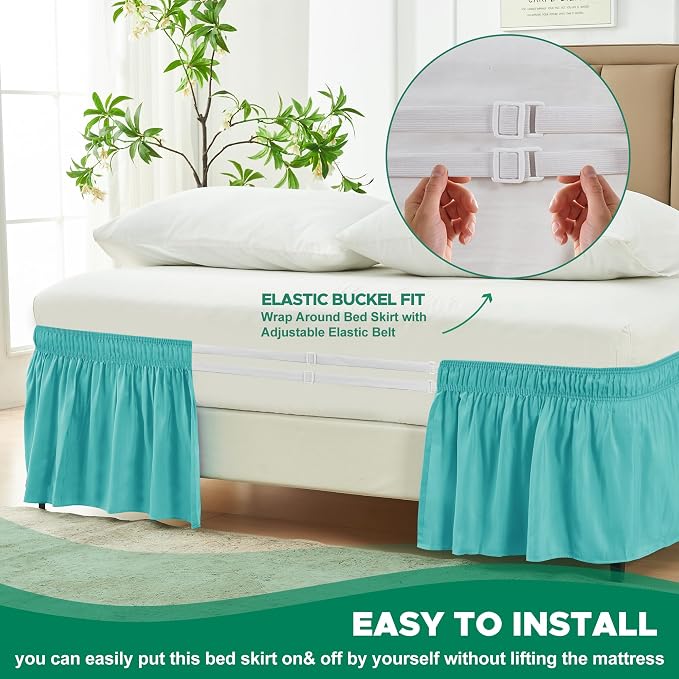 Wrap Around Bed Skirt Full Size Beds 12 Inch Drop-Elastic Dust Ruffle Aqua | Adjustable Pleated Bedskirt-Easy Fit Wrinkle Resistant Washable Bed Skirting-Hotel Studio Apartment Home Guest Bedroom Rental