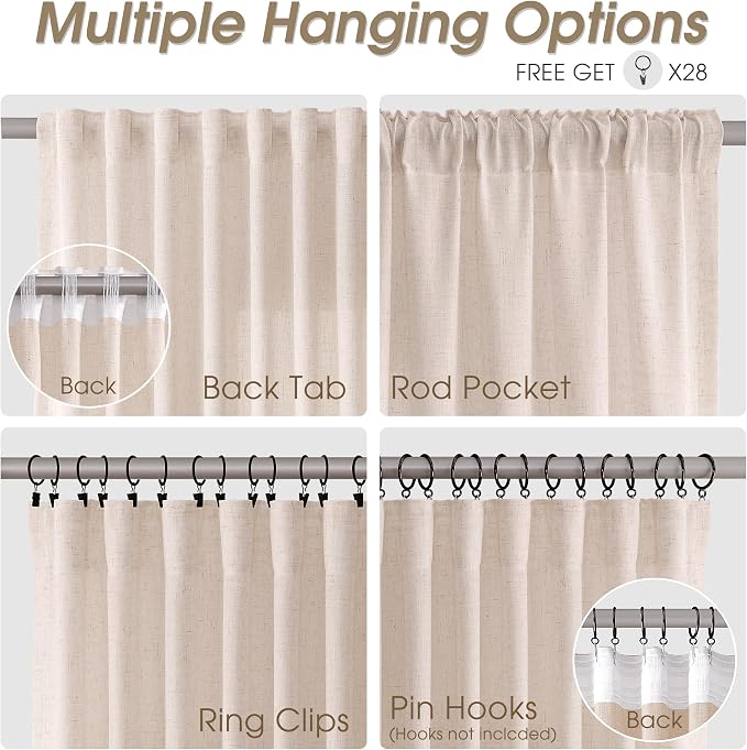 Linen Curtains 84 Inches Long for Living Room Semi Sheer Light Filtering Curtain Back Tab Rod Pocket Neutral Boho Modern Farmhouse Window Drapes for Bedroom 52x84 2 Panels Natural White