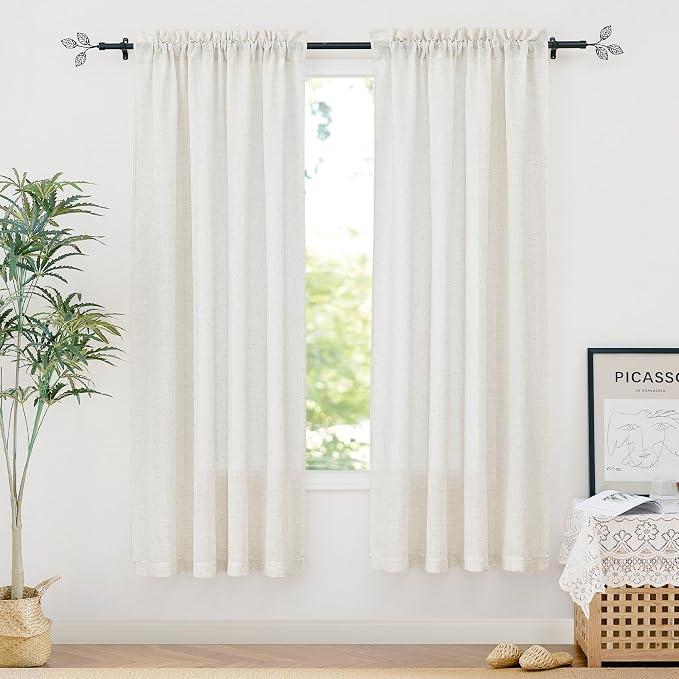 RYB HOME Linen Curtains 72 inches Long for Home Office | Rod Pocket & Light Filtering, Soft Thick Linen Burlap, Privacy Assured, Rod Pocket, W34 x L72, Linen, 2 Panels Set