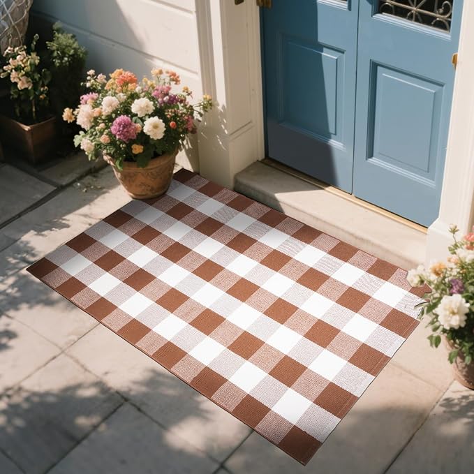 Buffalo Plaid Area Rug 3x5 Ft, Brown White Indoor Outdoor Rug | Cotton Blend, Brown White Checkered, Machine Washable, Front Porch Entryway, Kitchen Bathroom