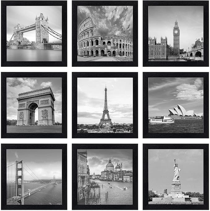 eletecpro Picture Frames Set of 9, 8x8 in, Acrylic Cover, Black | Display Photo 4x4 with Mat or 8x8 without, Square Gallery Collage, Wall Mount, Minimalist Home Decor, Engineered Wood