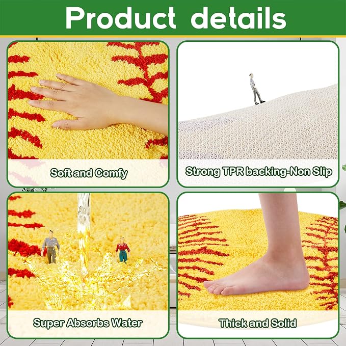 Funtery 25.5" Round Softball Rug for Girls Room Decor, Plush Washable Sports Bath Mat & Non-Slip Absorbent Aesthetic Carpet for Teen Bedroom Bathroom College Dorm Room Back to School Aesthetic Gift