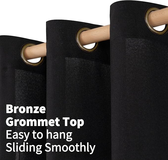 YoungsTex Linen Black Curtains 84 Inch Length 2 Panels for Living Room | Light Filtering Drapes with Bronze Grommet Semi Sheer Gothic Decorative for Dining Bedroom, 52 X 84 Inch