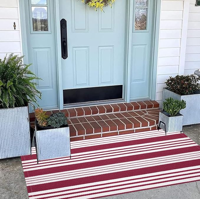 BUAGETUP Red and White Outdoor Rug 24"x51"Washable Front Porch Rug | Hand-Woven Cotton Farmhouse Layered Doormat Combined With Hello Welcome Mat