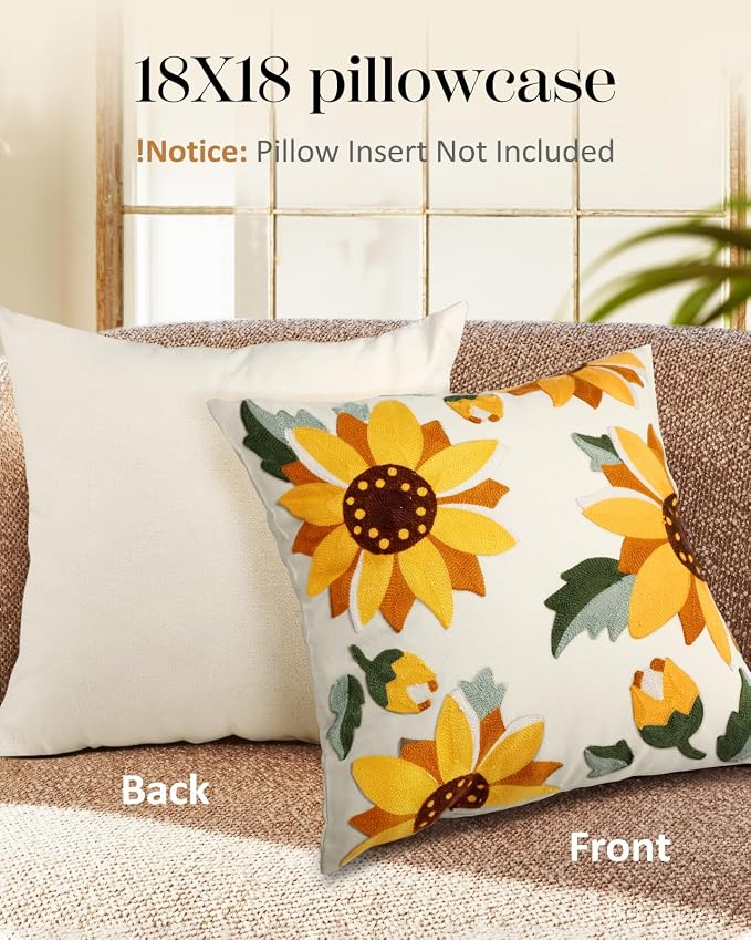 Embroidered Throw Pillow Cover - 18x18 Decorative Pillow Cover with Zipper Aesthetic Cute Design Boho Spring Summer Throw Pillowcase for Living Room Couch Sofa Bed, Sunflower