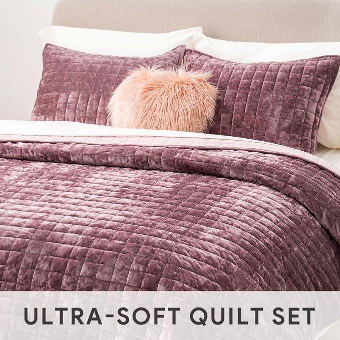 RECYCO Channel Box Stitch Velvet Quilt Set, Twin Size, Dusty Mauve Pink | Ultra Soft Lightweight Velvet Comforter, Luxury Oversized Bedspread Coverlet, Quilted Bedding Set for All Season with 1 Sham